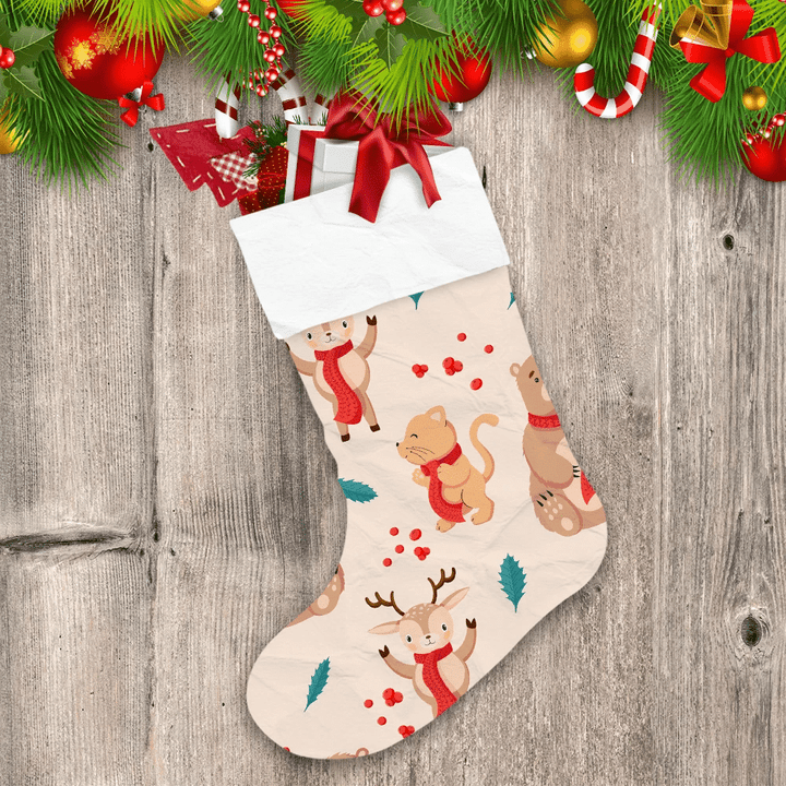 Cute Bear And Reindeer With Red Scarf On Christmas Cartoon Design Christmas Stocking