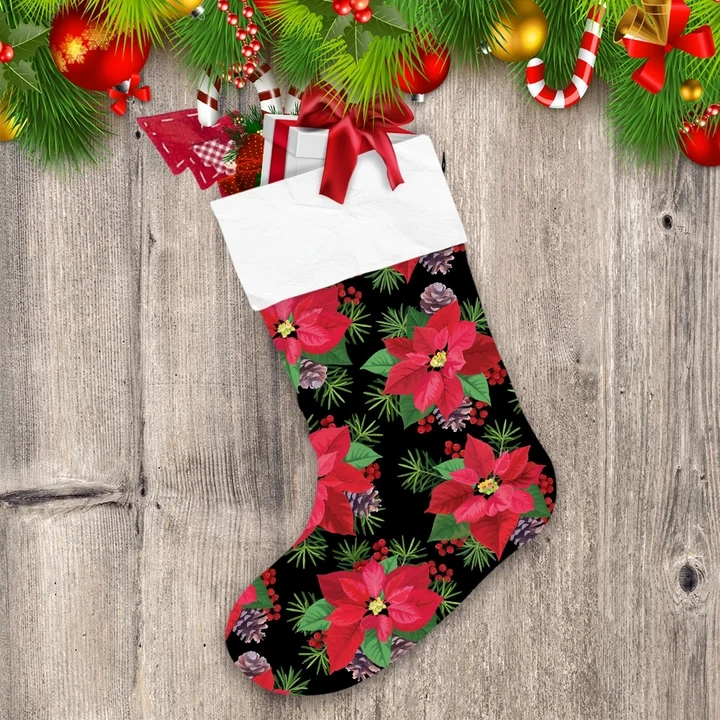 Christmas Poinsettia Flowers In Red And Green Color With Pine And Berries Christmas Stocking