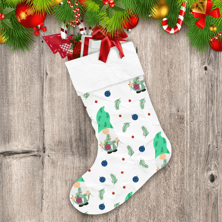 Watercolor Green Gnomes With Hanging Ornament Fern Christmas Stocking