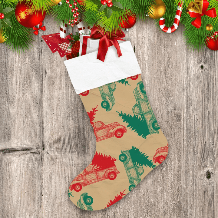 Vintage Hand Drawn Red And Green Sketch Christmas Trucks And Trees Christmas Stocking