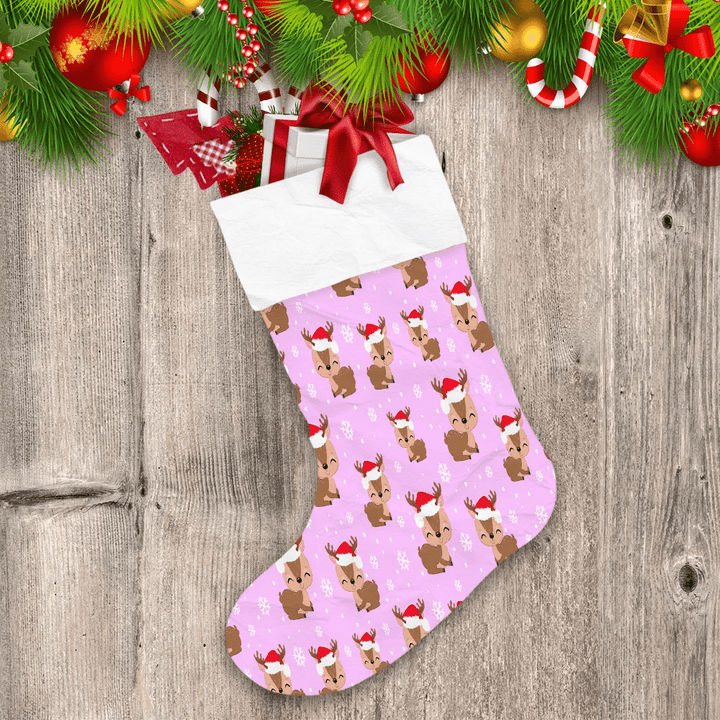 Cute Baby Reindeer Christmas Pink Background Pattern Christmas Stocking
