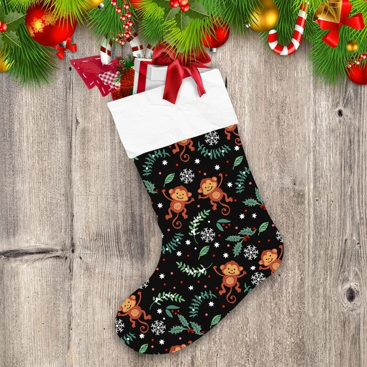 Happy Monkey In Chrismast Forest With Snowflake Leave Christmas Stocking