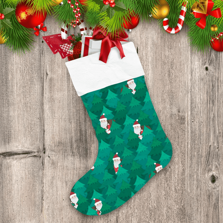 Christmas Cheerful Santa Claus In Blue Green Fir Forest Christmas Stocking