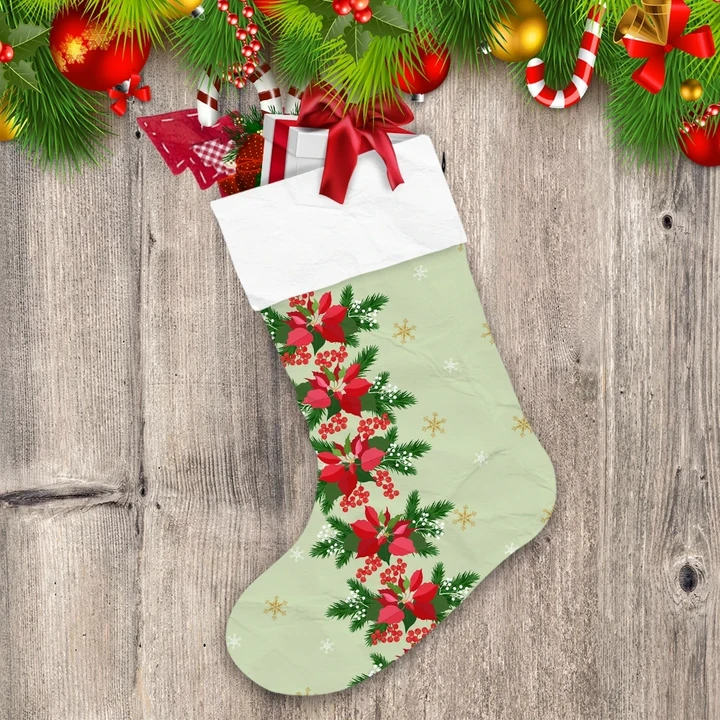 Red Poinsettia Flowers Spruce Branch Holly Berries An Snowflakes Christmas Stocking