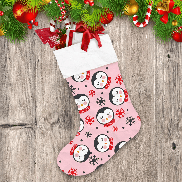Theme Christmas Cute Penguin In Snowflakes Pink Background Christmas Stocking