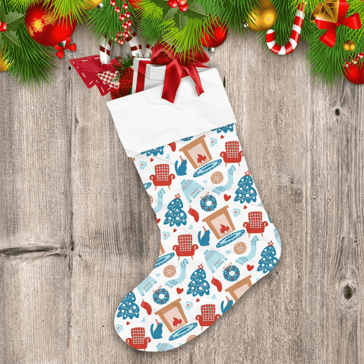 Hand Drawn Christmas Pattern With Christmas Scarf Tree And Fireplace Christmas Stocking