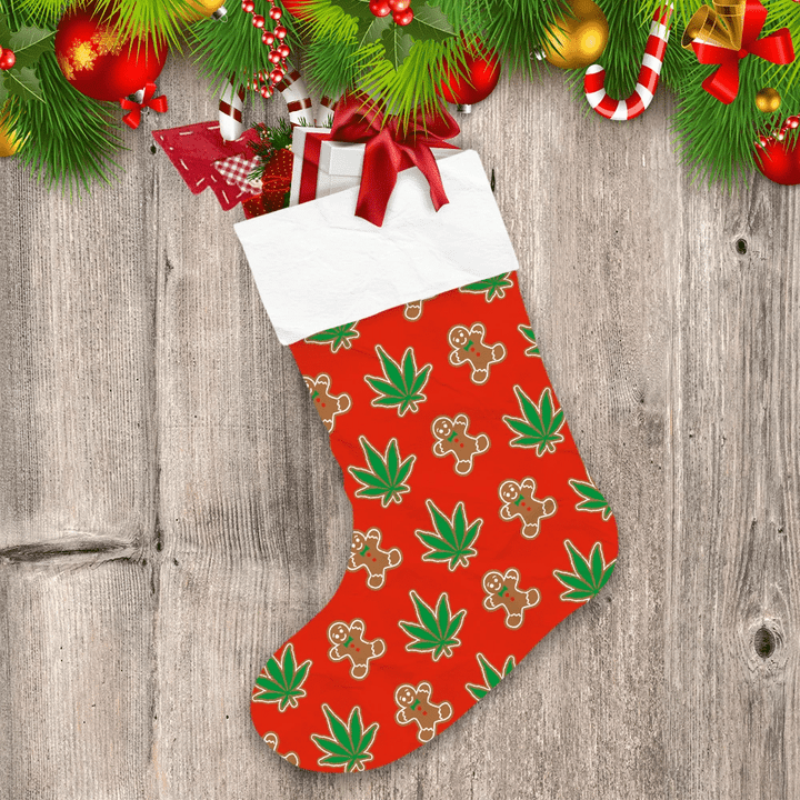 Red Background Pattern With Gingerbread Man Cake Hemp Leaf Christmas Stocking