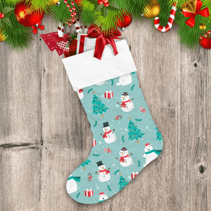 Happy Snowman Christmas Tree Gift And Bear Christmas Stocking