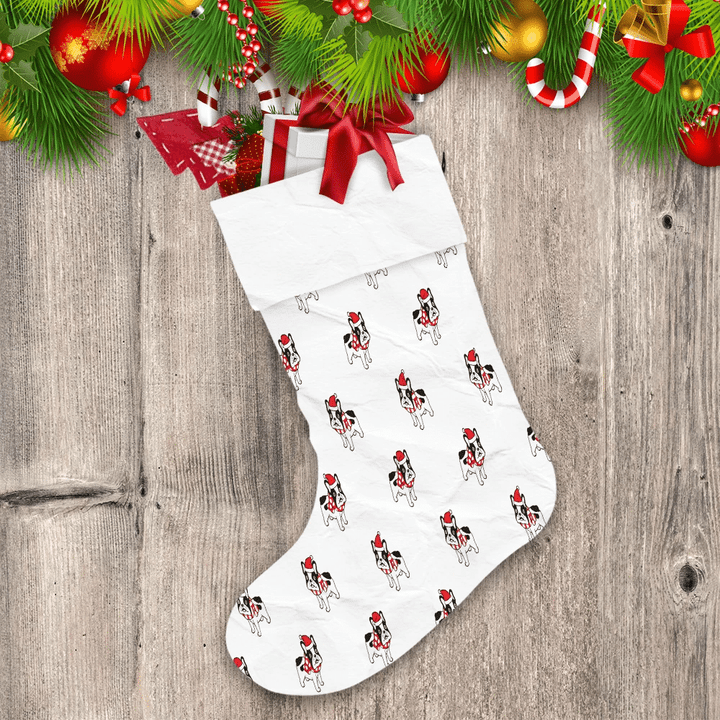 Bulldog Santa Claus Hat And Polka Dot Stripes Scarf Christmas Stocking