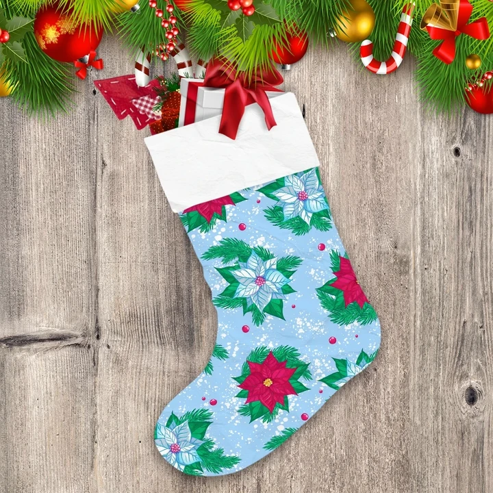 Red Poinsettia Christmas Tree Branches And Snow Christmas Stocking