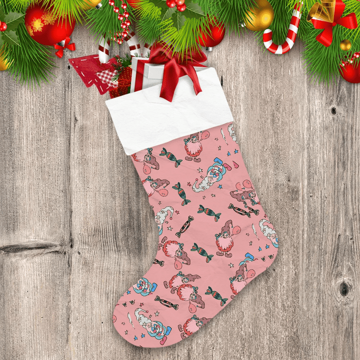 Ideal Cartoon Gnomes And Candies On Pink Background Christmas Stocking