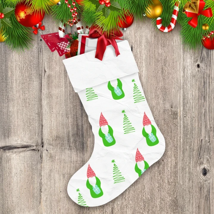 Hand Drawn Christmas Tree And Green Gnomes Pattern Christmas Stocking