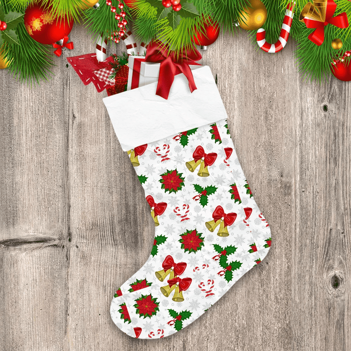 Christmas Golden Bell Candy Cane And Poinsettia Flower Christmas Stocking