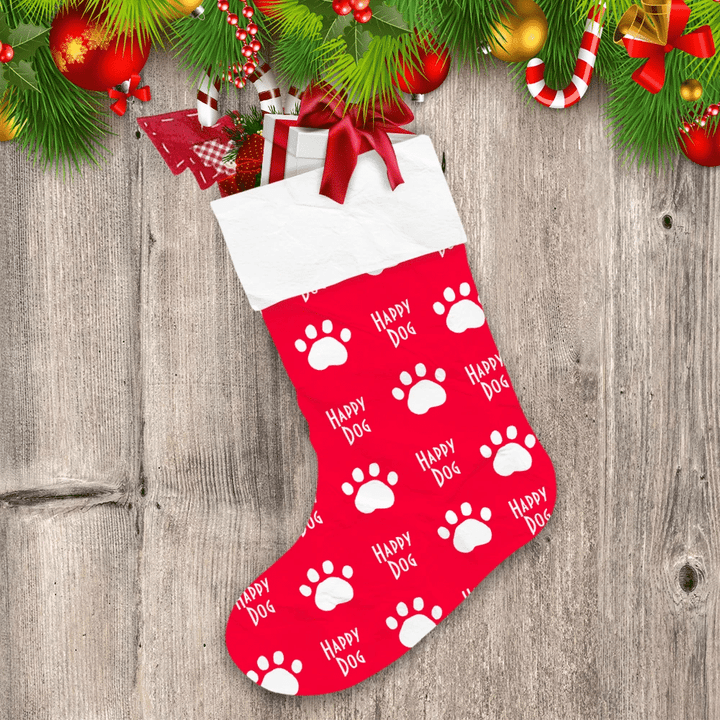 Happy Dog With Dog Trail Paws Red And White Christmas Stocking
