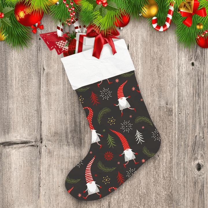 Cute Christmas Gnomes Dance With Leaf And Snowflakes Pattern Christmas Stocking