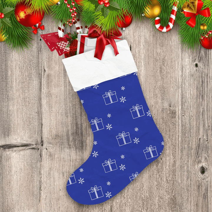 Dark Blue Background Gift Boxes Tied With Ribbons And Snowflakes Christmas Stocking