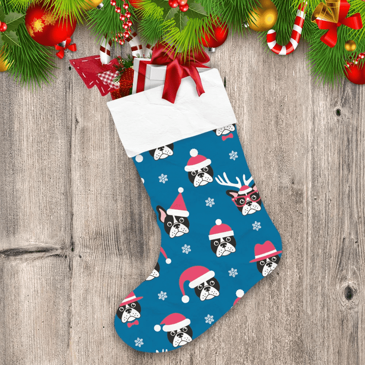French Bulldogs With Santa Hats On Blue Christmas Stocking