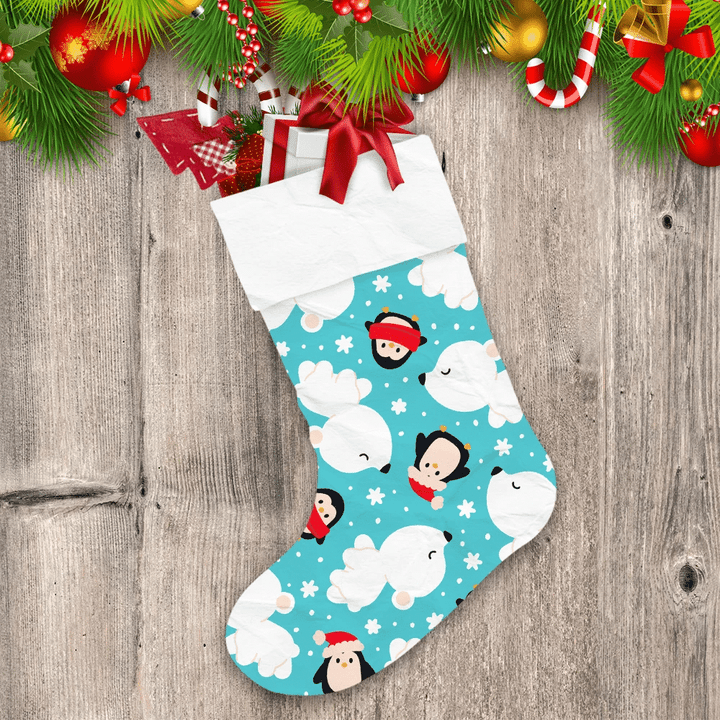 Theme Christmas Polar Bears And Penguins On A Blue Christmas Stocking