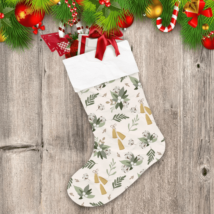 Rustic Farmhouse Natural Style With Cotton Floral Branches And Bells Christmas Stocking