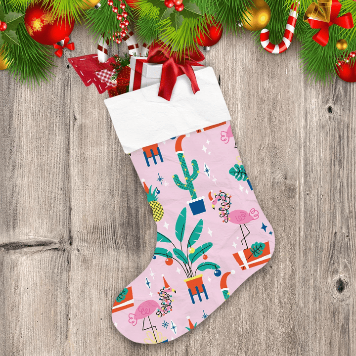 Tropical Plants Flamingos With Lights Gift Boxes On Pink Background Christmas Stocking