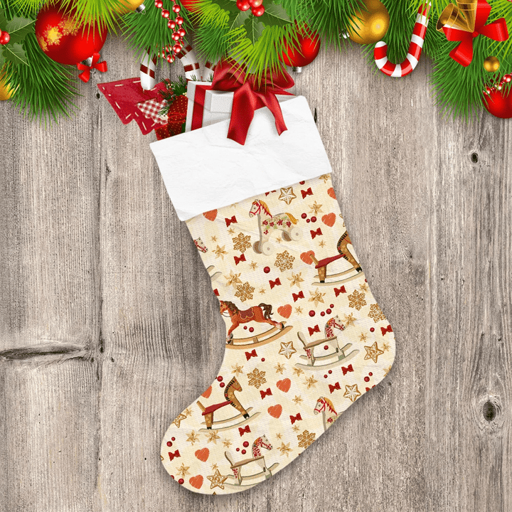 Rocking Horse Red Bows And Gingerbread On Beige Christmas Stocking