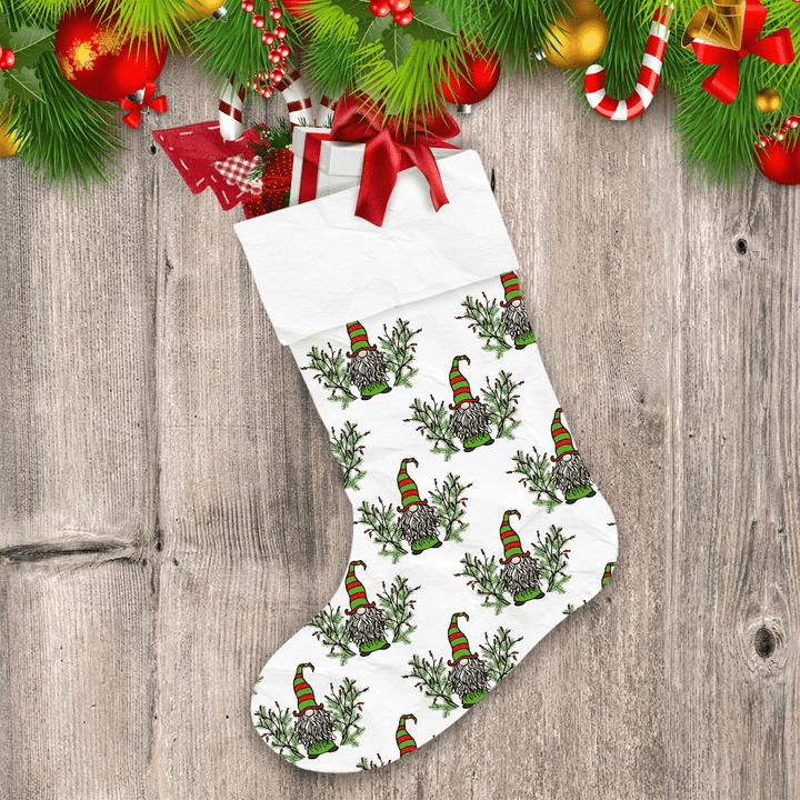 Green Plant Mistletoe And Gnomes Colored Doodle Style Christmas Stocking