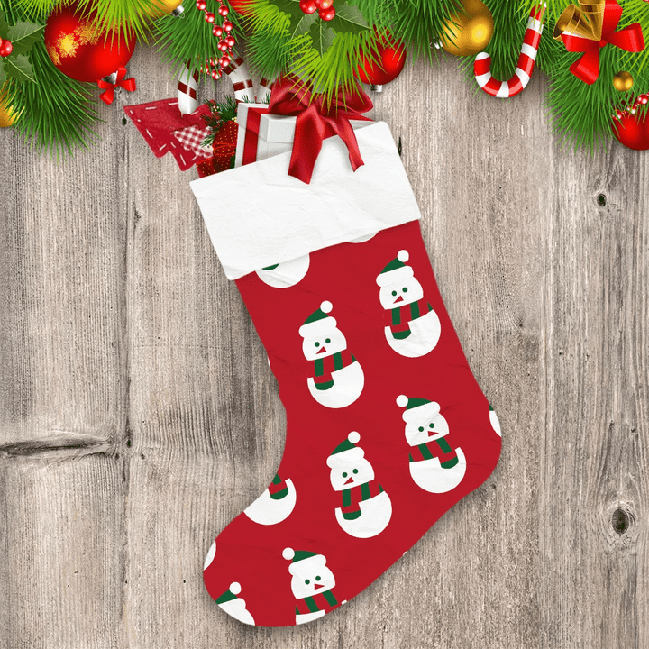 Christmas Snowman In Scarf And Hat On Red Background Christmas Stocking