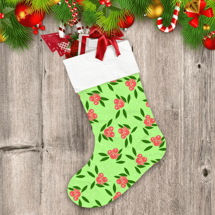 Bright Christmas Pink Berries Leaves On Green Snowy Background Christmas Stocking