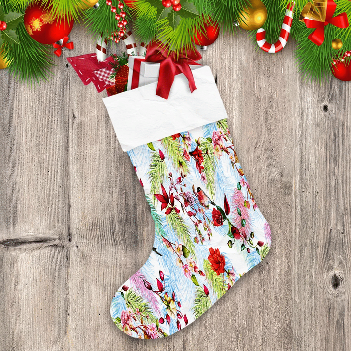 Fir Branches Flower With Christmas Tree And Bullfinch Christmas Stocking