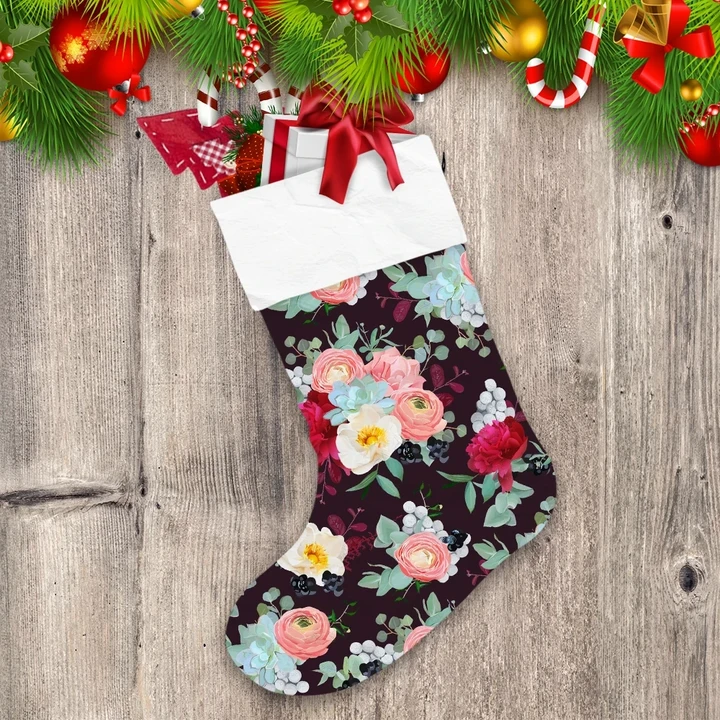 Winter Bouquets Of Peony And Black Berries Christmas Stocking