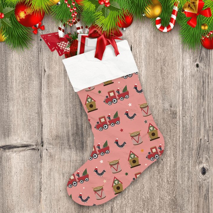 Pink Background Pattern With Train Bird Drum And Bird House Christmas Stocking