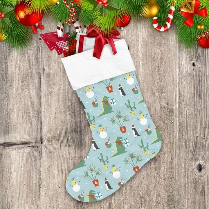 Funny Doodle Dinosaurs Penguins And Cactus Christmas Stocking