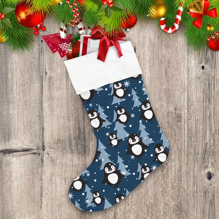 Christmas Cute Penguin And Dark Fir Trees Christmas Stocking