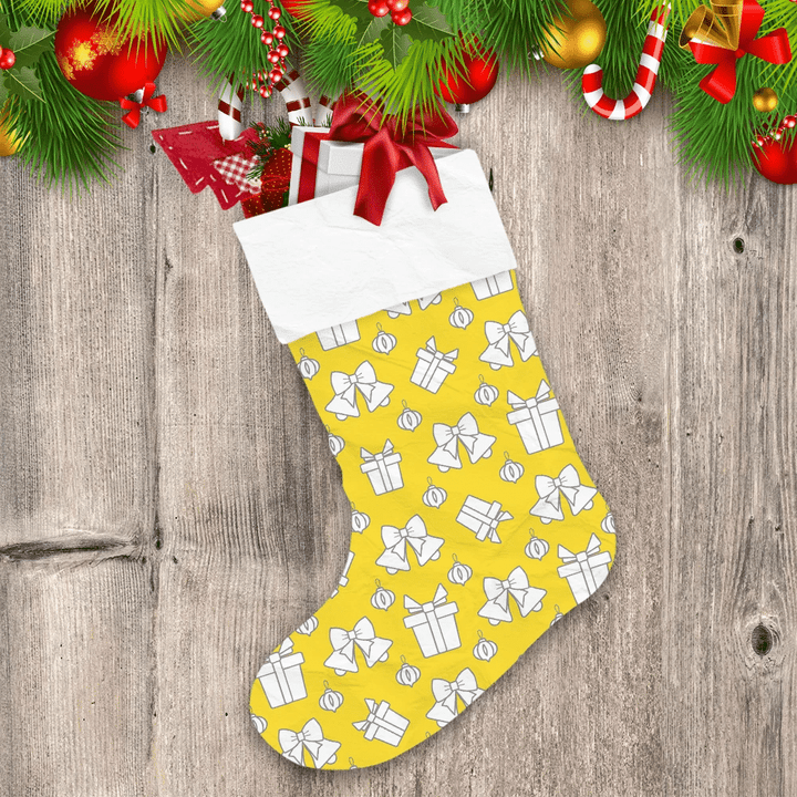 Yellow And White Xmas Icons Of Gift Boxes Bells And Ornaments Christmas Stocking