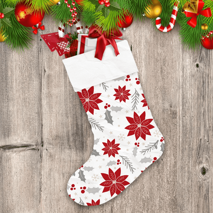 Full Blooming Poinsettia Red And Silver Holly Berries Color Pattern Christmas Stocking