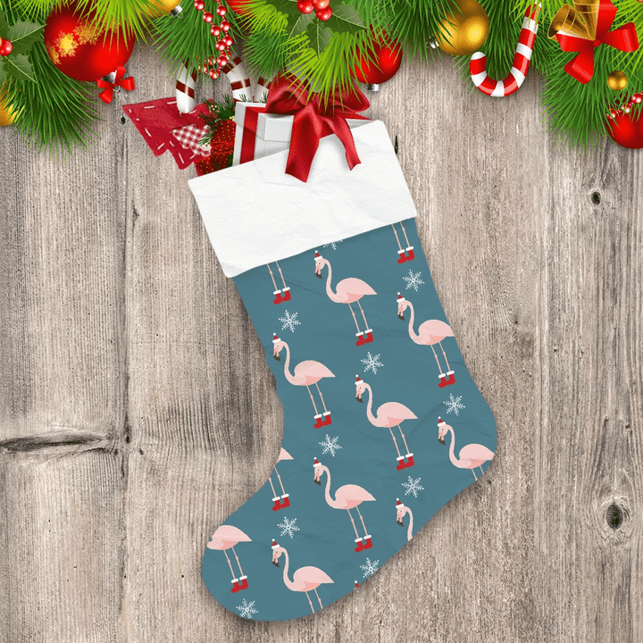 Kawaii Flamingos In Santa Costume With Snowflakes Ornate Christmas Stocking
