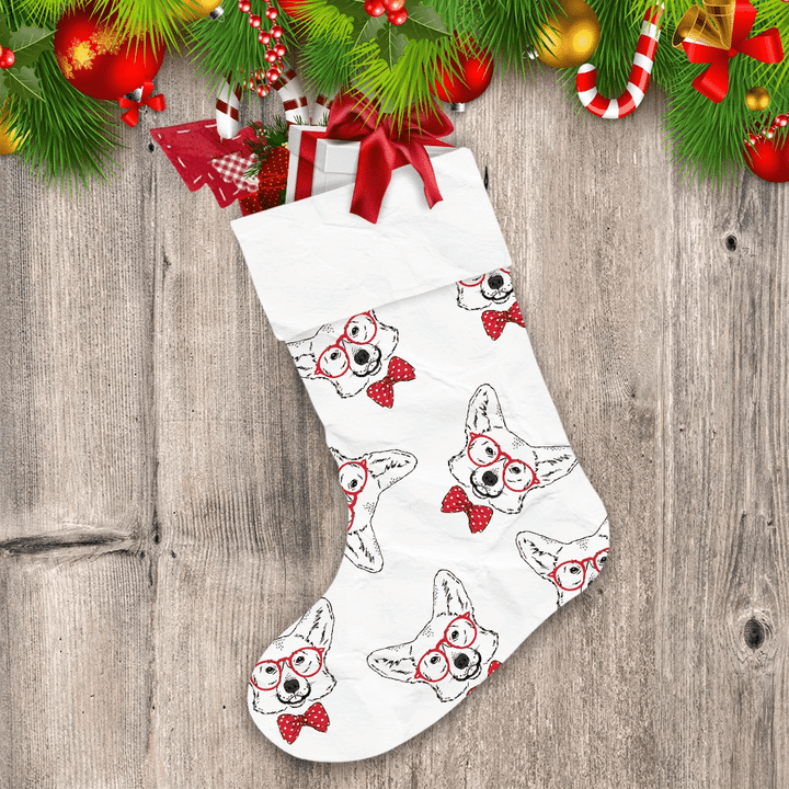Corgi Breed Dog Wear Red Glasses And Tie Bow Christmas Stocking