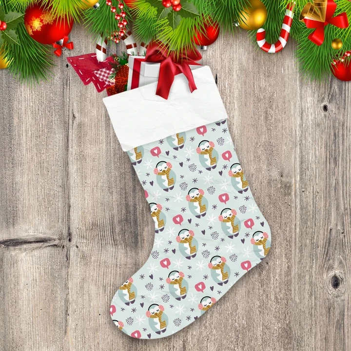 Snowflake Xmas Cute Penguin With Earmuffs And Scarf Christmas Stocking