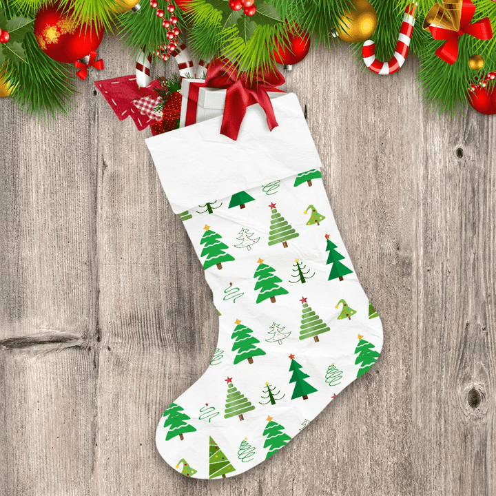Green Cute Christmas Trees On White Christmas Stocking