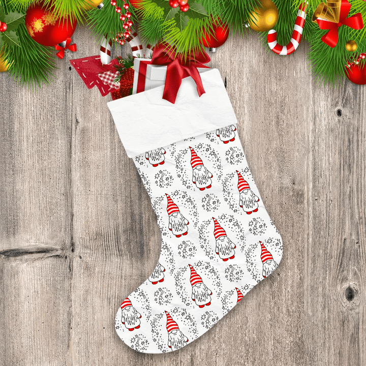 White And Red Gnomes And Stars Doodle Style Christmas Stocking