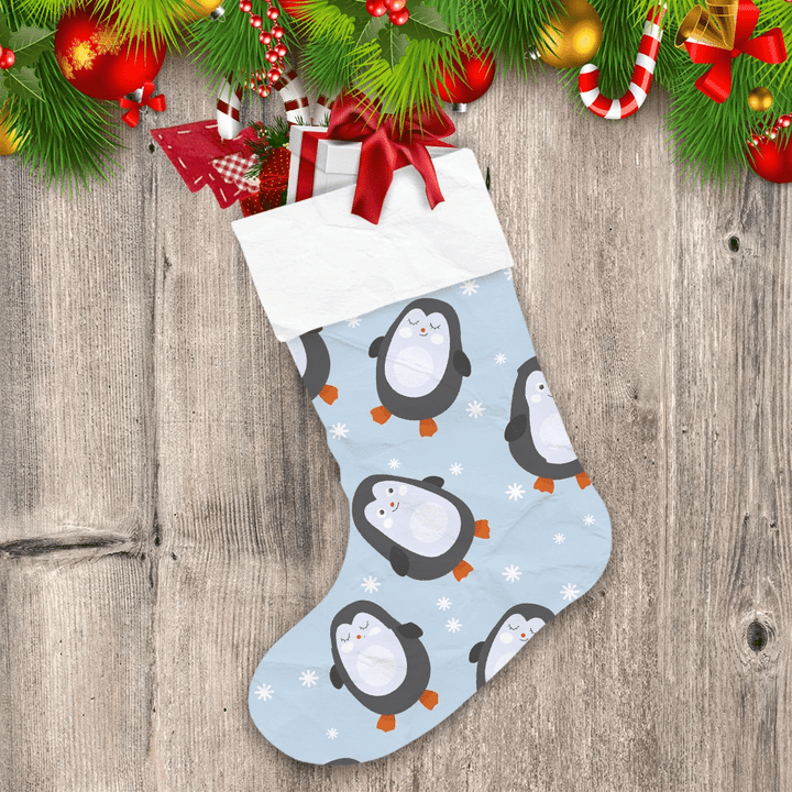 Christmas Grey Penguins With Falling Snowflakes Christmas Stocking