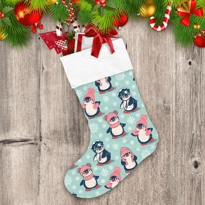 Christmas With Cute Penguins And Red Hat Christmas Stocking