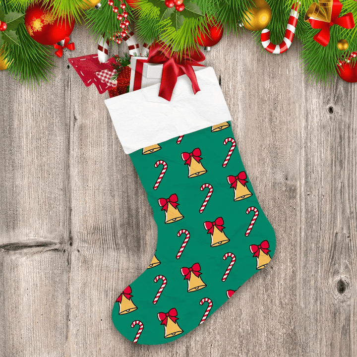 Sweet Candy Canes And Bells Pattern On Green Background Christmas Stocking