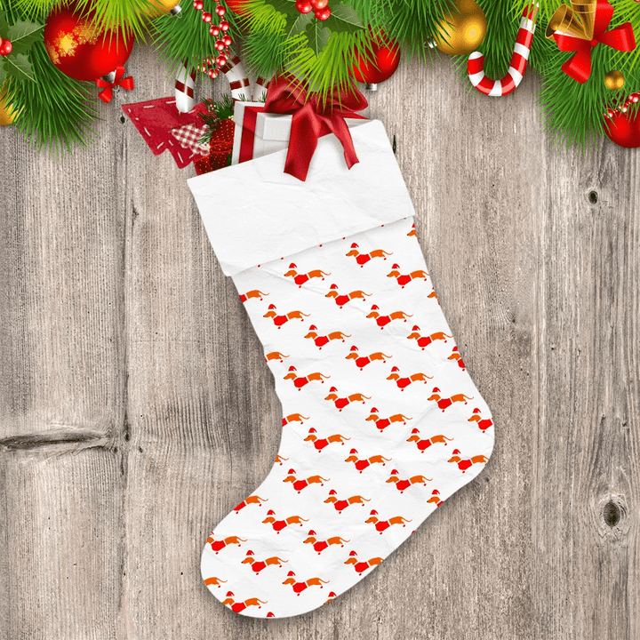 Cute Dachshund In Christmas Suit On White Christmas Stocking