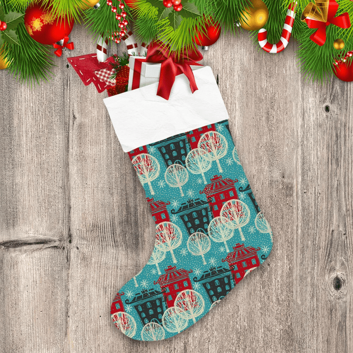 Blue Winter Theme With Hand Drawn Bulding Snowflakes Pattern Christmas Stocking