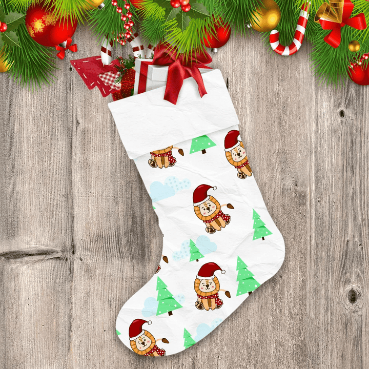 Lion Wearing Christmas Hat Tree And Clouds Christmas Stocking
