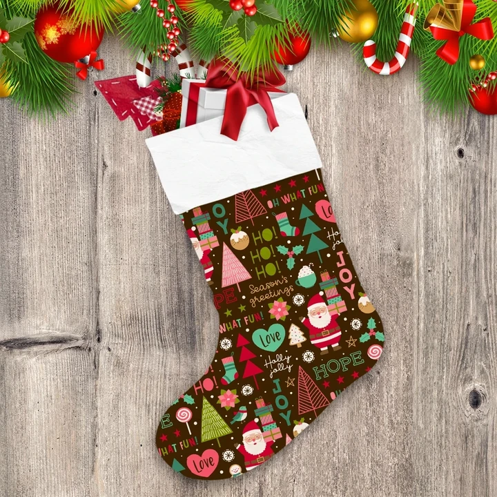 Cute Santa Claus Pine Trees And Christmas Elements Pattern Christmas Stocking