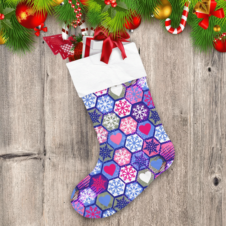 Abstract Hexagon Ornate With Snowflakes Heart Symbols Christmas Stocking