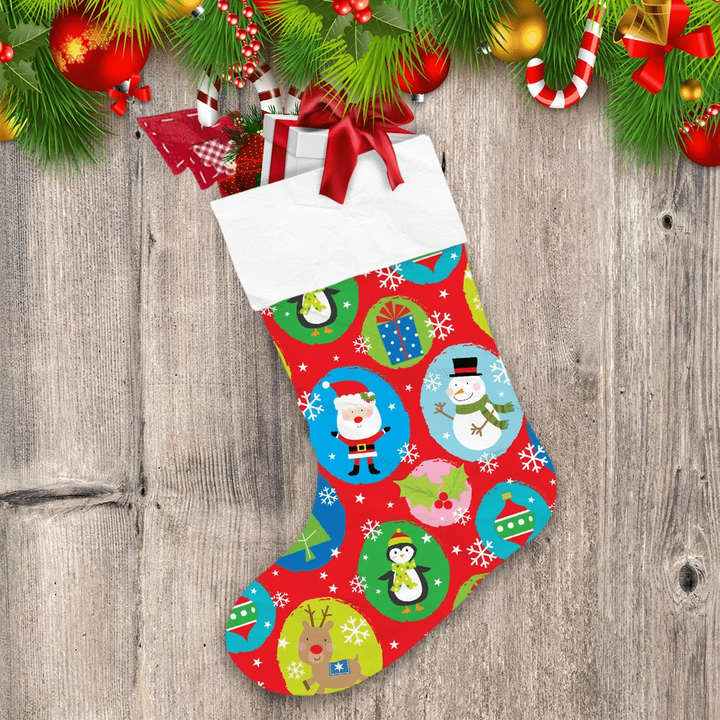 Drawing Colorful Dot With Santa Snowman Reindeer And Gift Boxes Christmas Stocking