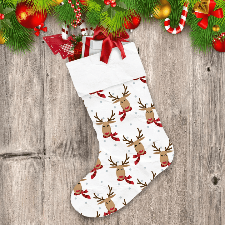 Happy Reindeer Wears Red Xmas Scarf With Snowflakes Christmas Stocking